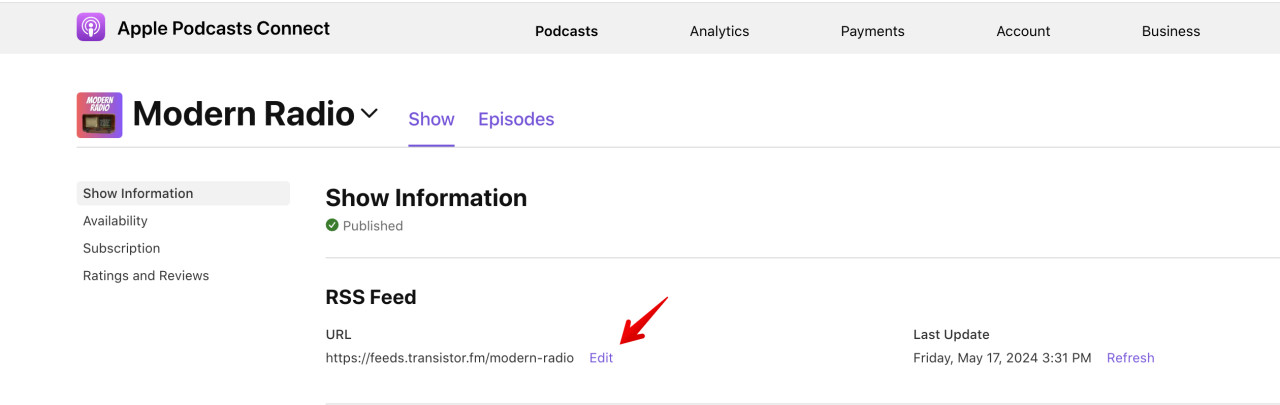 To update (change) your podcast's RSS feed on Apple Podcasts, log in to Podcast Connect and click 