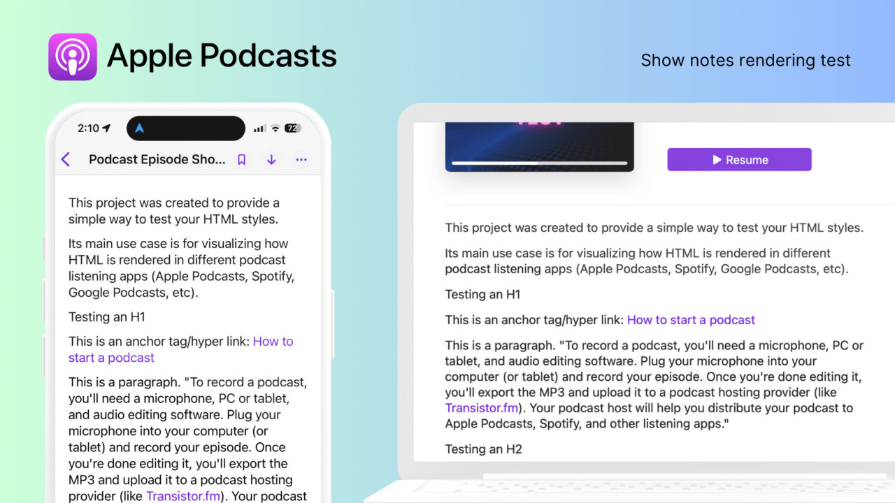 Apple Podcasts show notes rendering episode description formatting
