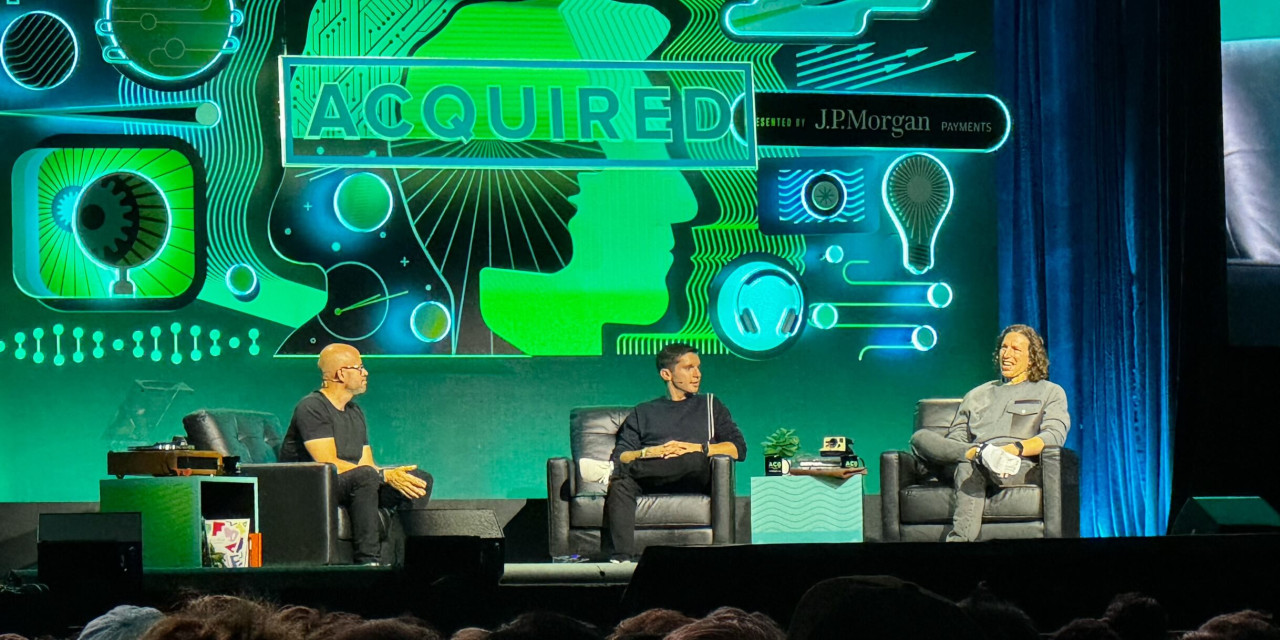 Daniel Ek on stage with Ben Gilbert and David Rosenthal of the Acquired podcast