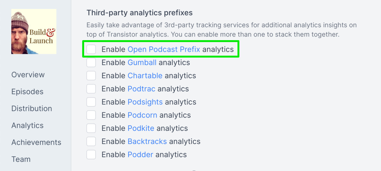 Enable Open Podcast Prefix analytics on your Transistor account