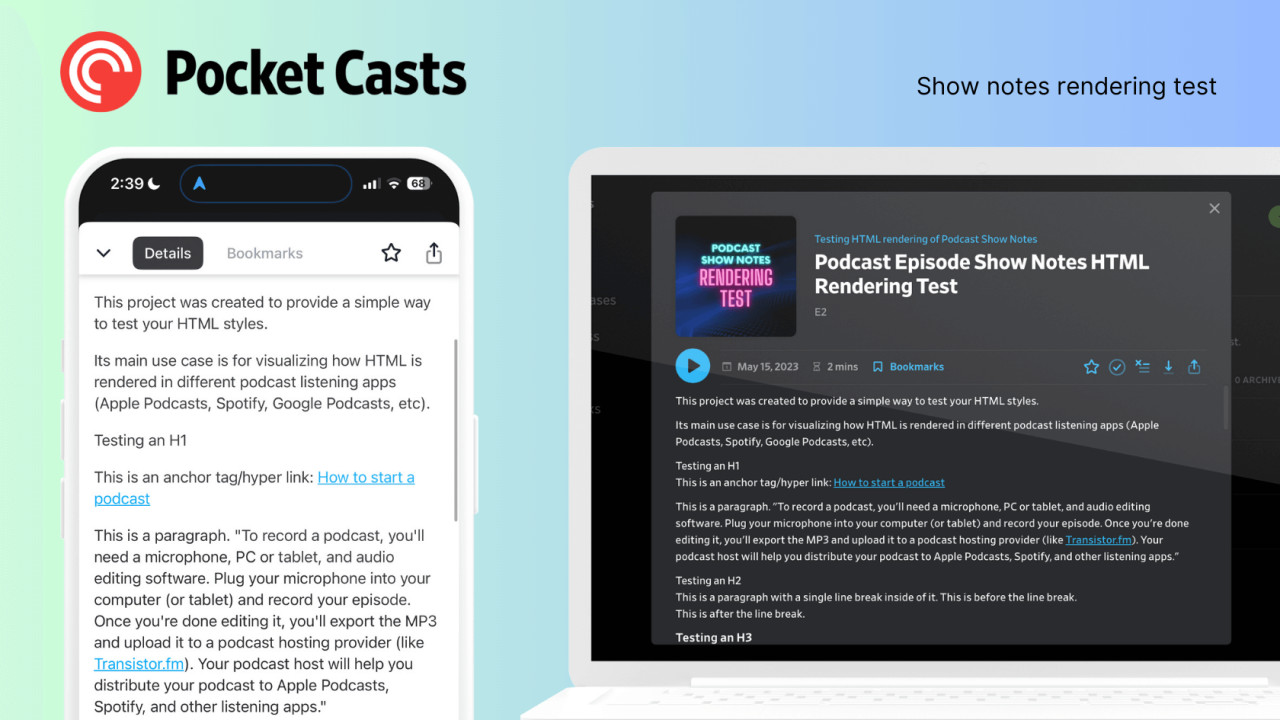 Pocket Casts podcast show notes rendering episode description formatting