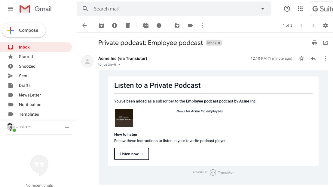 Private podcast email invite