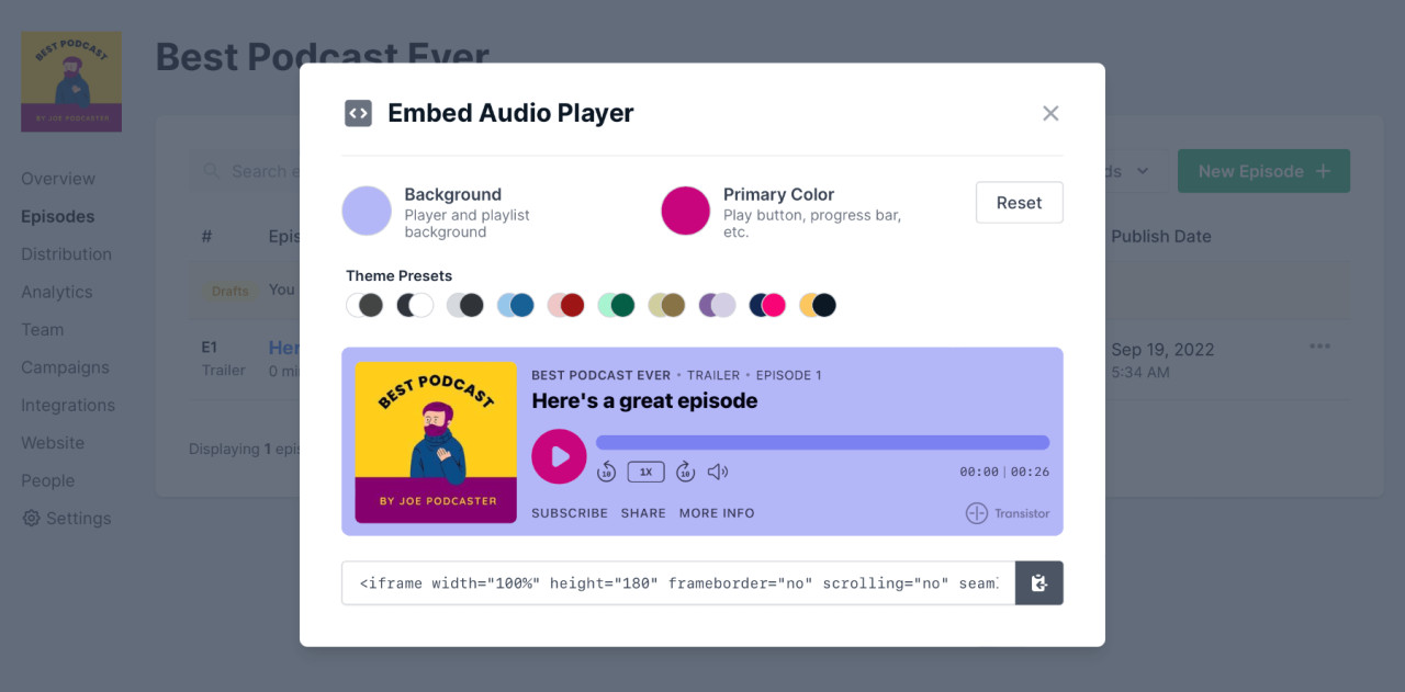 Save custom colors on individual podcast episode embeds